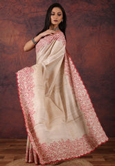 OffWhite Pure Tussar Kantha Silk Saree With Blouse Piece - Adi Akshoy & Co.