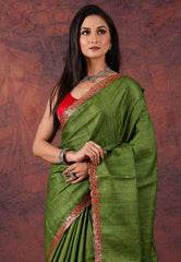 Green Pure Tussar Kantha Silk Saree With Blouse Piece - Adi Akshoy & Co.