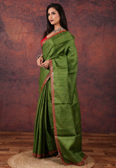 Green Pure Tussar Kantha Silk Saree With Blouse Piece - Adi Akshoy & Co.