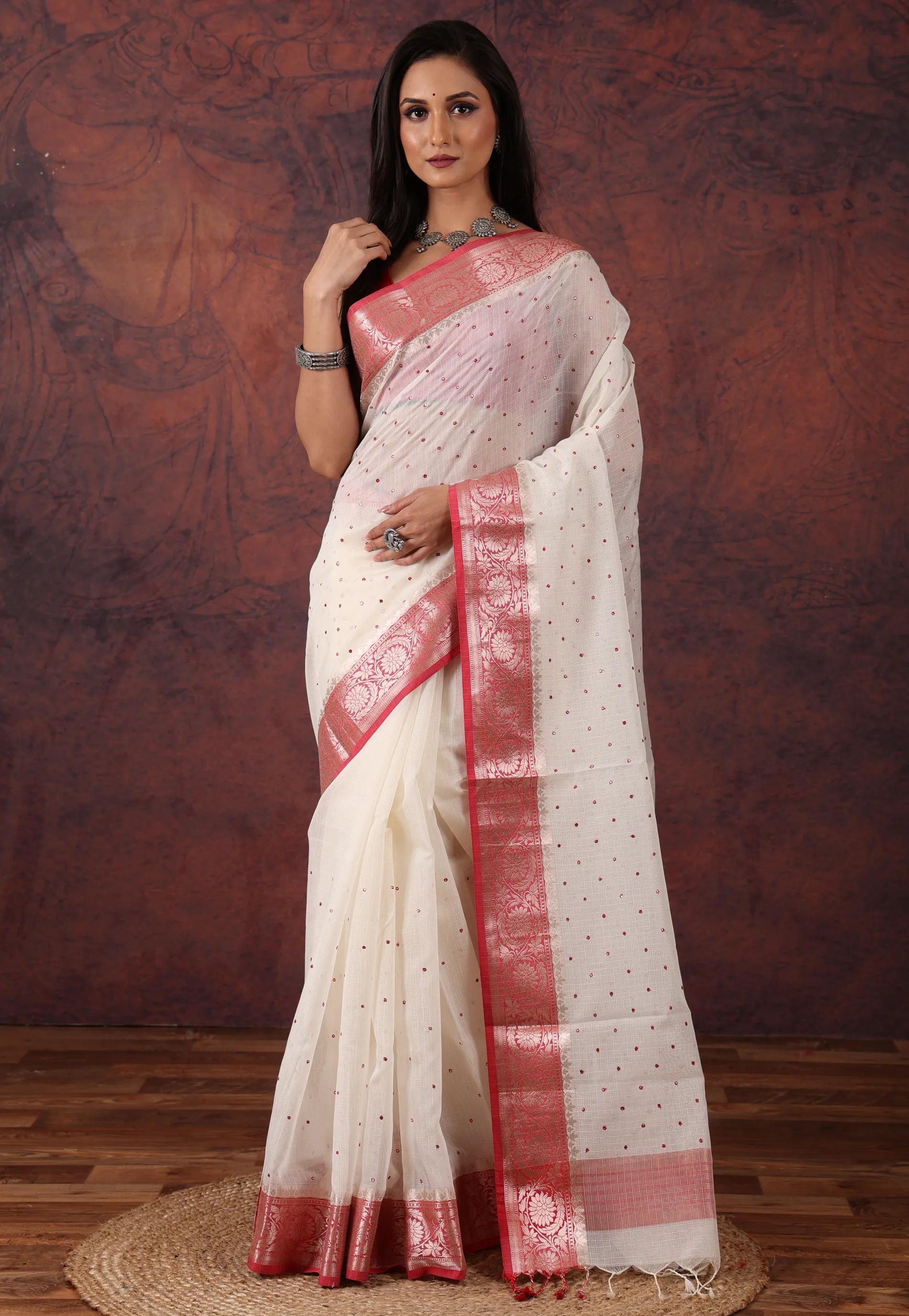White Tussar Embroidery Work Silk Saree with Blouse Piece - Adi Akshoy & Co.