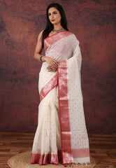 White Tussar Embroidery Work Silk Saree with Blouse Piece - Adi Akshoy & Co.