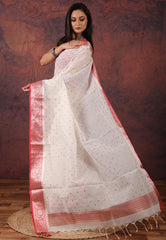 White Tussar Embroidery Work Silk Saree with Blouse Piece - Adi Akshoy & Co.