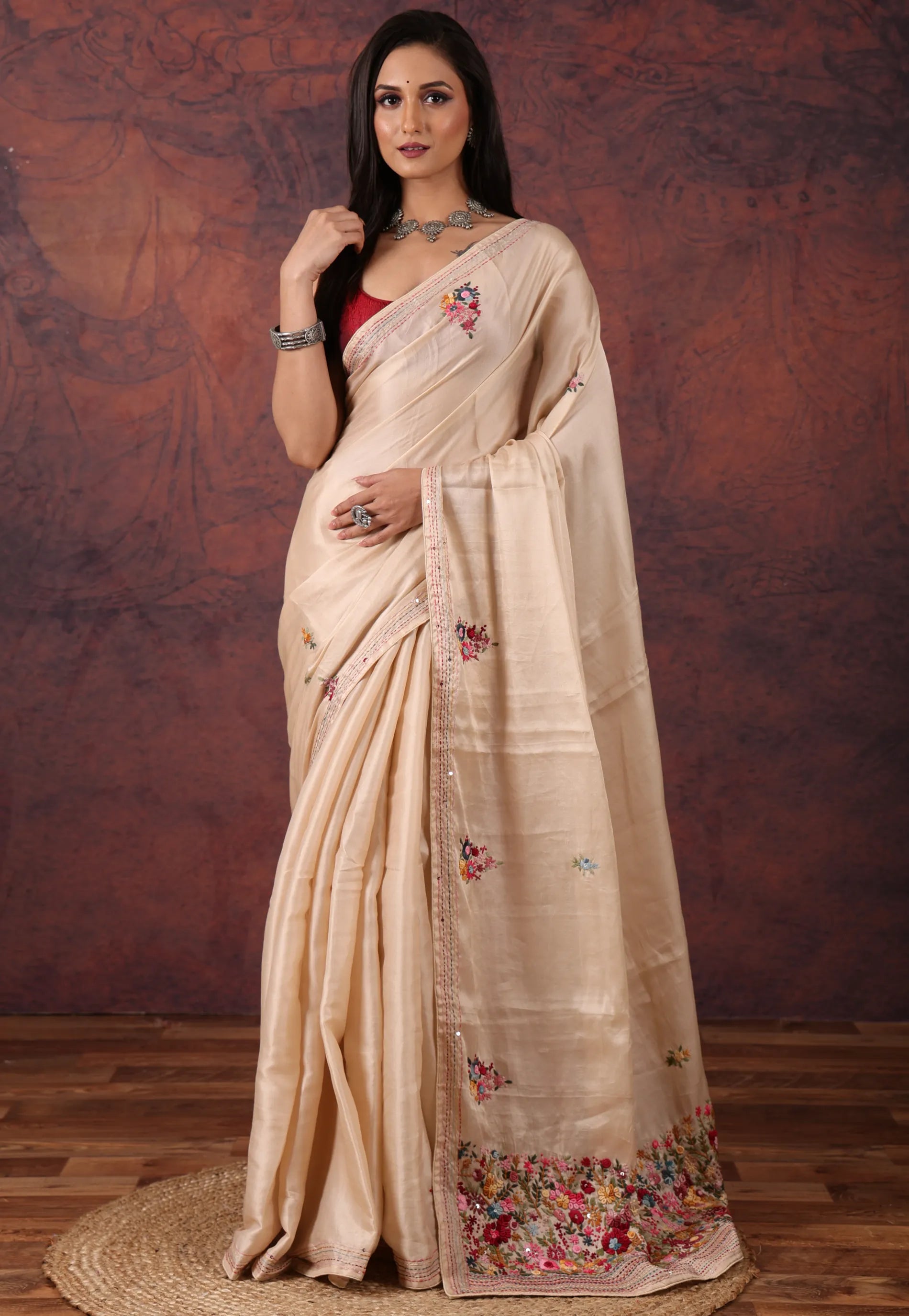Beige Kantha Silk Saree With Blouse Piece - Adi Akshoy & Co.