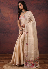 Beige Kantha Silk Saree With Blouse Piece - Adi Akshoy & Co.