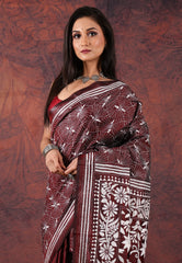 Maroon Kantha Silk Saree With Blouse Piece - Adi Akshoy & Co.