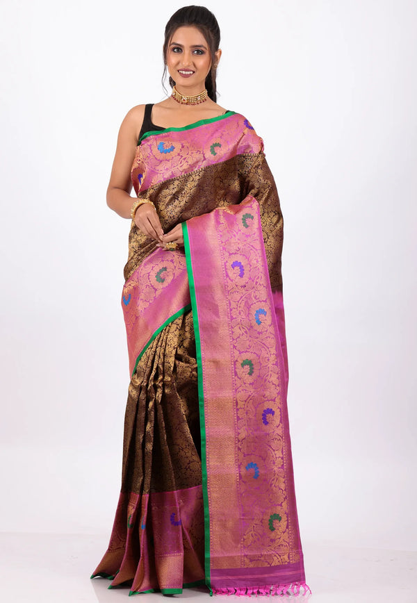 Maroon with Golden Zari work with Pink Border Pure Gadwal Silk Saree With Blouse Piece - Adi Akshoy & Co.