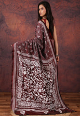 Maroon Kantha Silk Saree With Blouse Piece - Adi Akshoy & Co.
