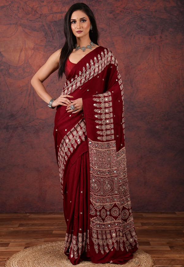 Red Mirror Work Modal Silk Saree With Blouse Piece - Adi Akshoy & Co.