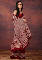 Red Mirror Work Modal Silk Saree With Blouse Piece - Adi Akshoy & Co.