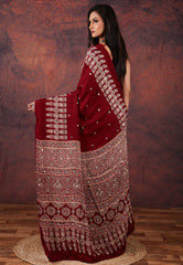 Red Mirror Work Modal Silk Saree With Blouse Piece - Adi Akshoy & Co.