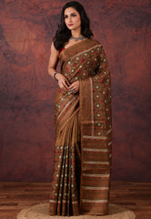 Brown Kantha Silk Saree With Blouse Piece - Adi Akshoy & Co.