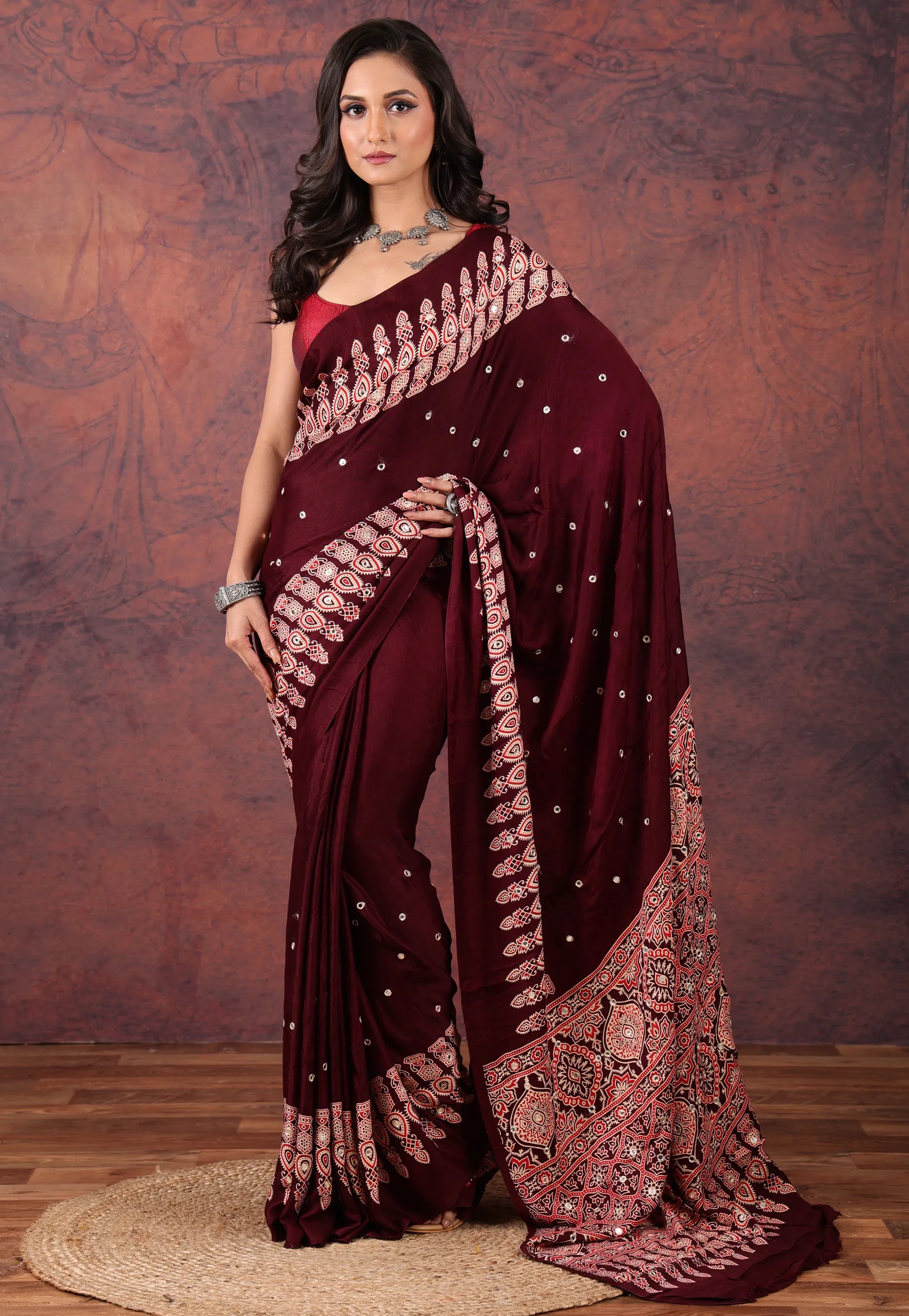 Wine Red Mirror Work Modal Silk Saree With Blouse Piece - Adi Akshoy & Co.