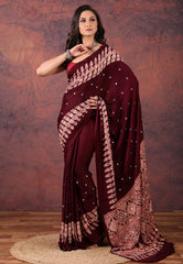 Wine Red Mirror Work Modal Silk Saree With Blouse Piece - Adi Akshoy & Co.