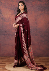 Wine Red Mirror Work Modal Silk Saree With Blouse Piece - Adi Akshoy & Co.