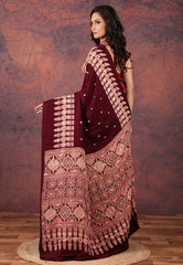 Wine Red Mirror Work Modal Silk Saree With Blouse Piece - Adi Akshoy & Co.