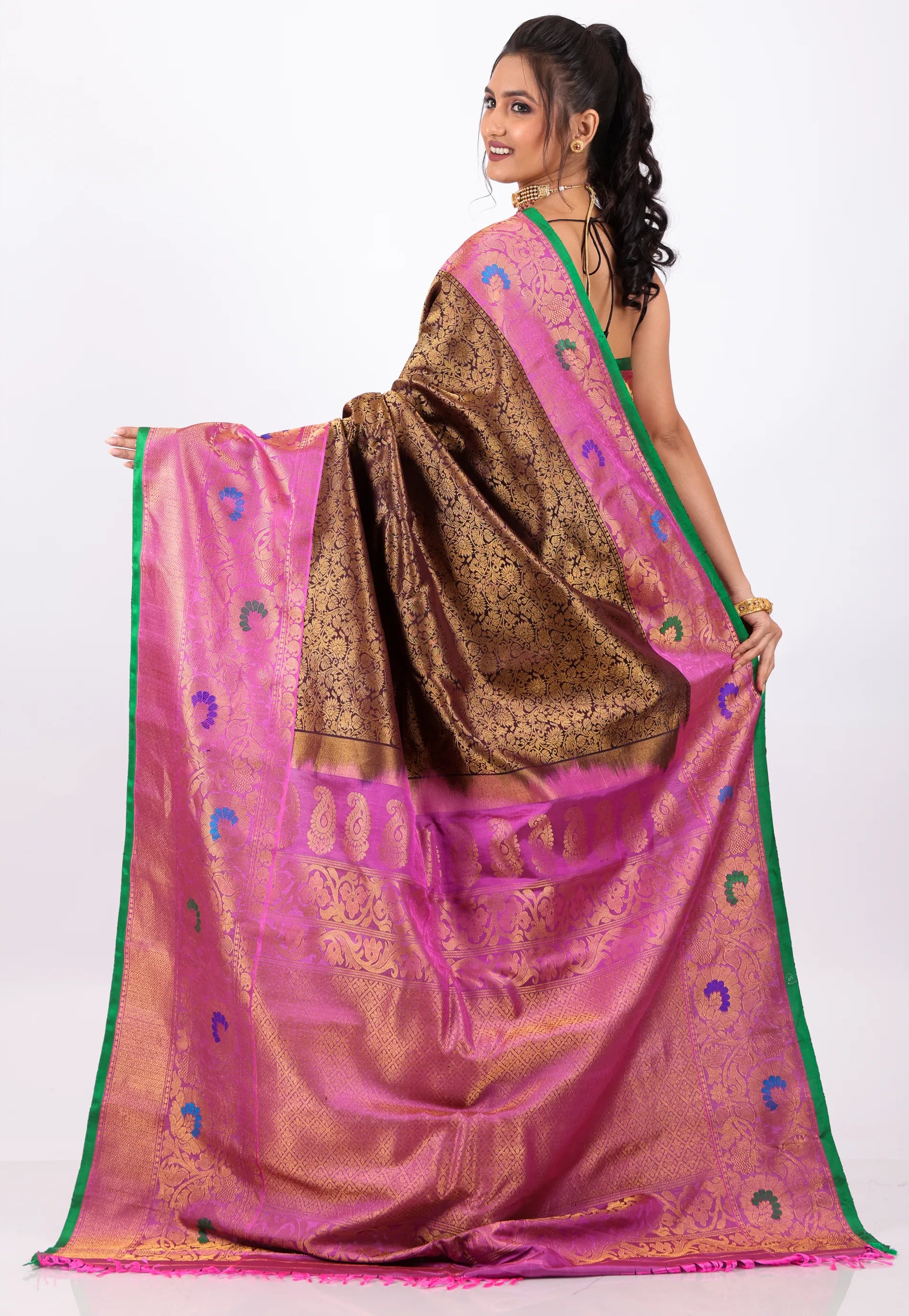 Maroon with Golden Zari work with Pink Border Pure Gadwal Silk Saree With Blouse Piece - Adi Akshoy & Co.