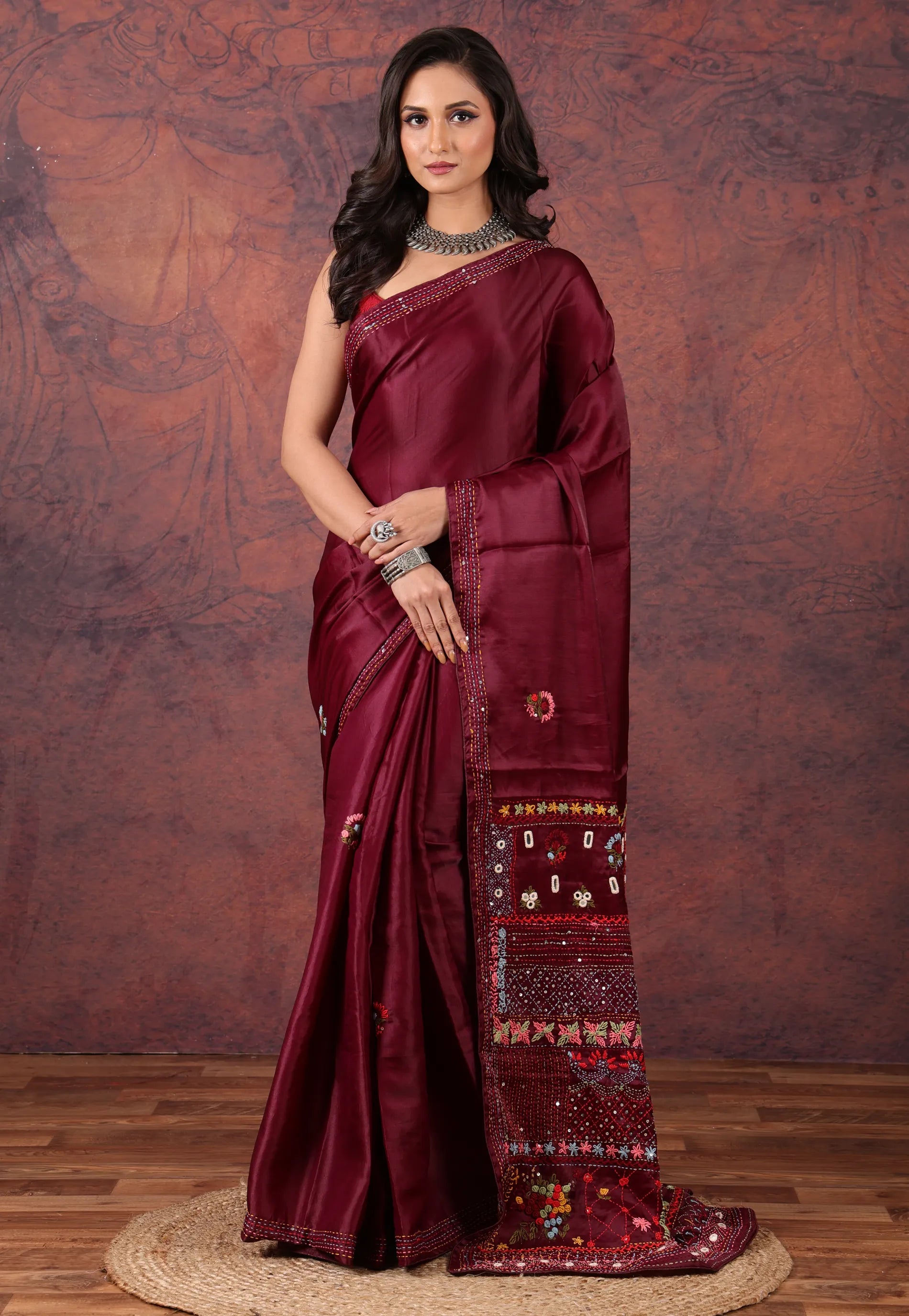 Wine Red Kantha Silk Saree With Blouse Piece - Adi Akshoy & Co.