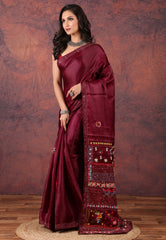 Wine Red Kantha Silk Saree With Blouse Piece - Adi Akshoy & Co.