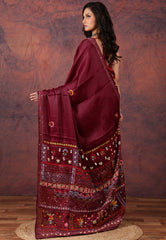 Wine Red Kantha Silk Saree With Blouse Piece - Adi Akshoy & Co.