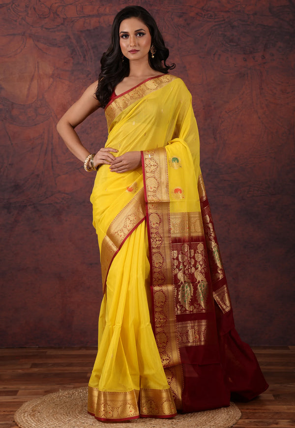 Yellow Sico Handloom Saree With Blouse Piece - Adi Akshoy & Co.