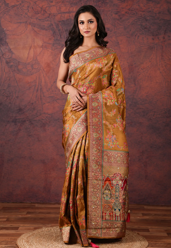 Cross Brown Kani Silk Saree With Blouse Piece - Adi Akshoy & Co.