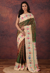 Cross Green Pure Paithani Silk Saree With Blouse Piece - Adi Akshoy & Co.