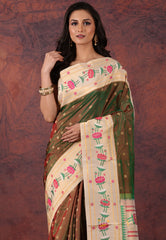 Cross Green Pure Paithani Silk Saree With Blouse Piece - Adi Akshoy & Co.
