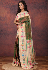 Cross Green Pure Paithani Silk Saree With Blouse Piece - Adi Akshoy & Co.