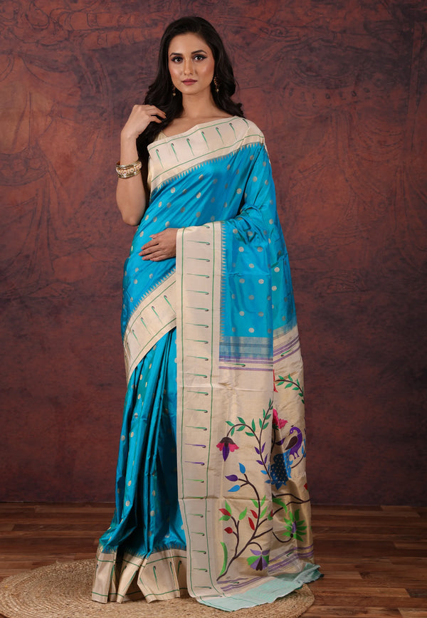 Firoza Blue Pure Paithani Silk Saree With Blouse Piece - Adi Akshoy & Co.