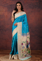Firoza Blue Pure Paithani Silk Saree With Blouse Piece - Adi Akshoy & Co.