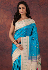 Firoza Blue Pure Paithani Silk Saree With Blouse Piece - Adi Akshoy & Co.