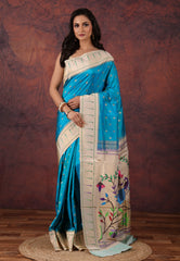 Firoza Blue Pure Paithani Silk Saree With Blouse Piece - Adi Akshoy & Co.