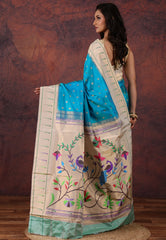 Firoza Blue Pure Paithani Silk Saree With Blouse Piece - Adi Akshoy & Co.