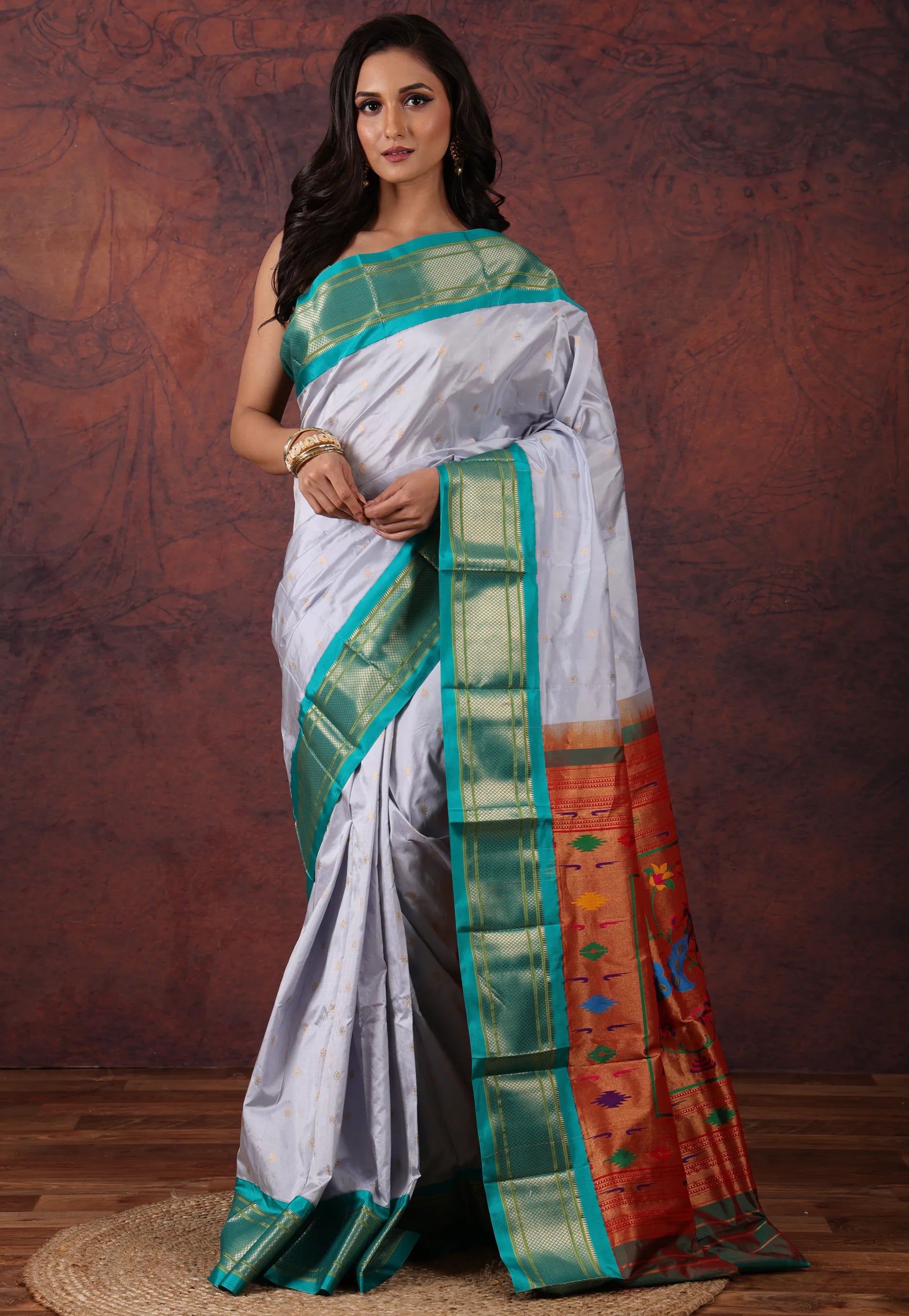 Icy Blue Pure Paithani Silk Saree With Blouse Piece - Adi Akshoy & Co.