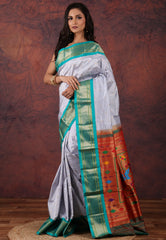 Icy Blue Pure Paithani Silk Saree With Blouse Piece - Adi Akshoy & Co.