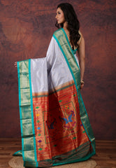 Icy Blue Pure Paithani Silk Saree With Blouse Piece - Adi Akshoy & Co.