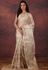 Golden Silver Colour Tissue Kantha Silk Saree With Blouse Piece - Adi Akshoy & Co.