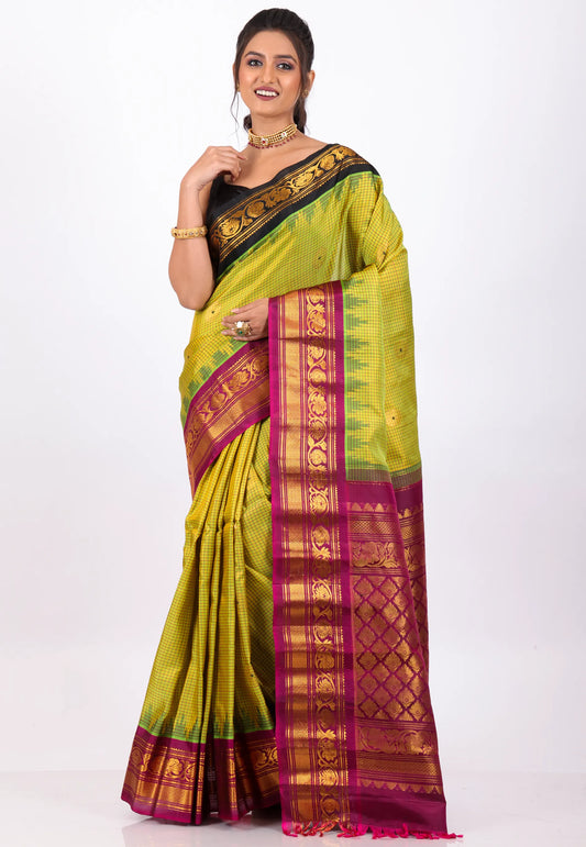Pista Green with Magenta Border Pure Gadwal Silk Saree With Blouse Piece - Adi Akshoy & Co.