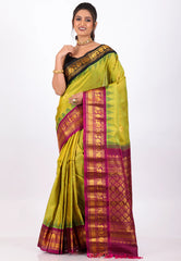 Pista Green with Magenta Border Pure Gadwal Silk Saree With Blouse Piece - Adi Akshoy & Co.