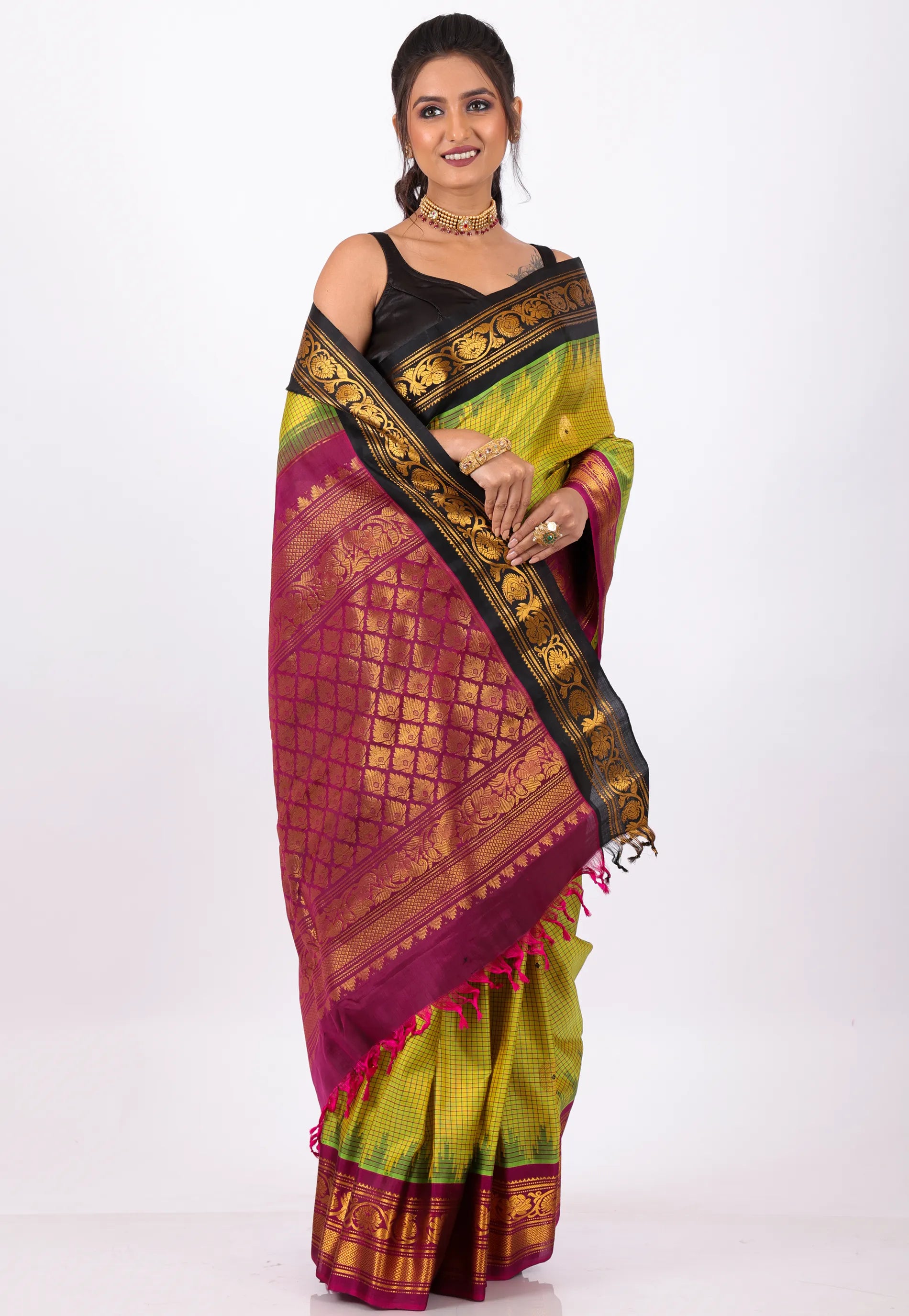Pista Green with Magenta Border Pure Gadwal Silk Saree With Blouse Piece - Adi Akshoy & Co.