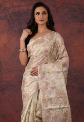 Golden Silver Colour Tissue Kantha Silk Saree With Blouse Piece - Adi Akshoy & Co.