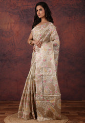 Golden Silver Colour Tissue Kantha Silk Saree With Blouse Piece - Adi Akshoy & Co.