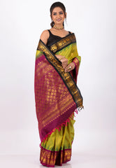 Pista Green with Magenta Border Pure Gadwal Silk Saree With Blouse Piece - Adi Akshoy & Co.