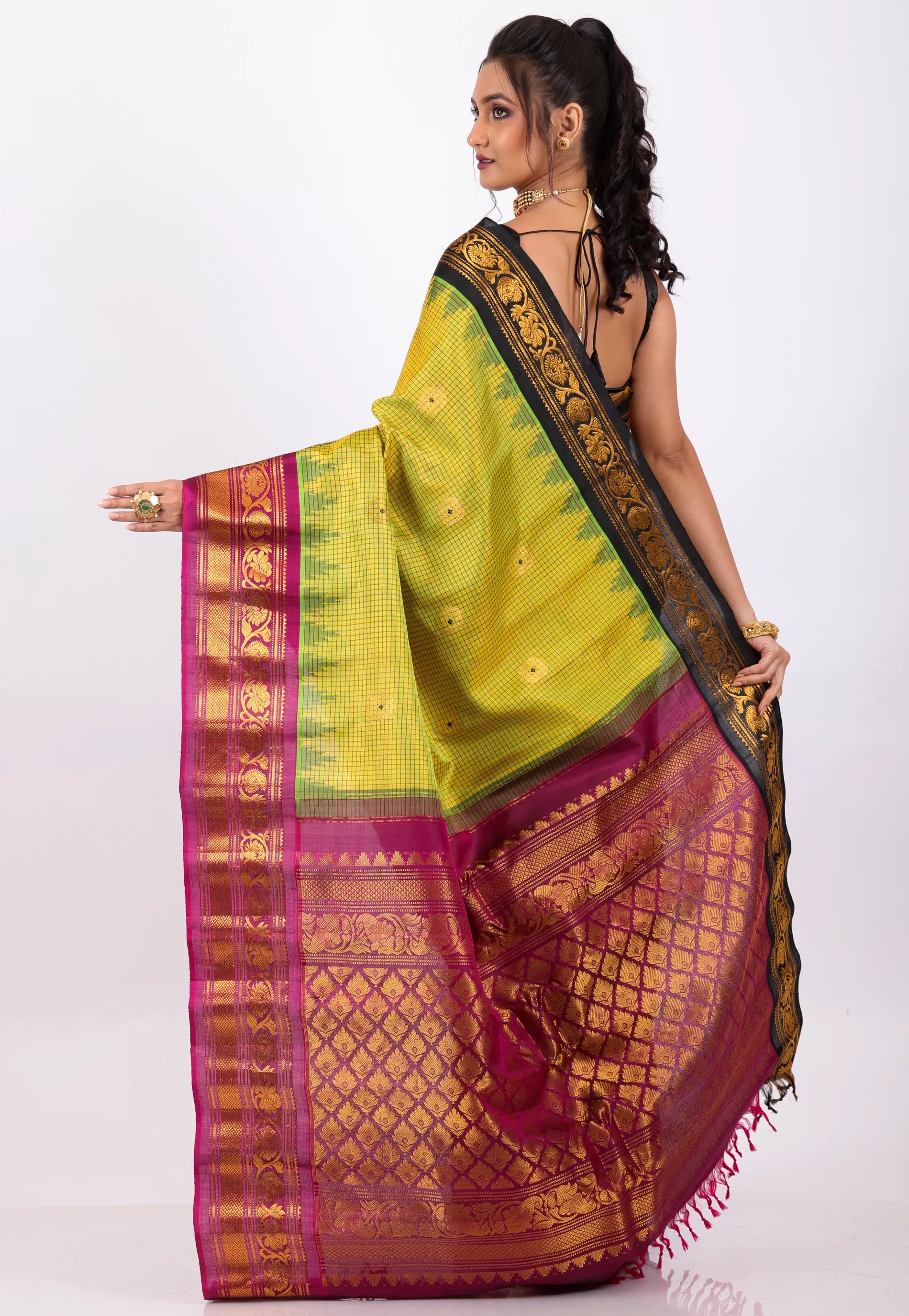Pista Green with Magenta Border Pure Gadwal Silk Saree With Blouse Piece - Adi Akshoy & Co.
