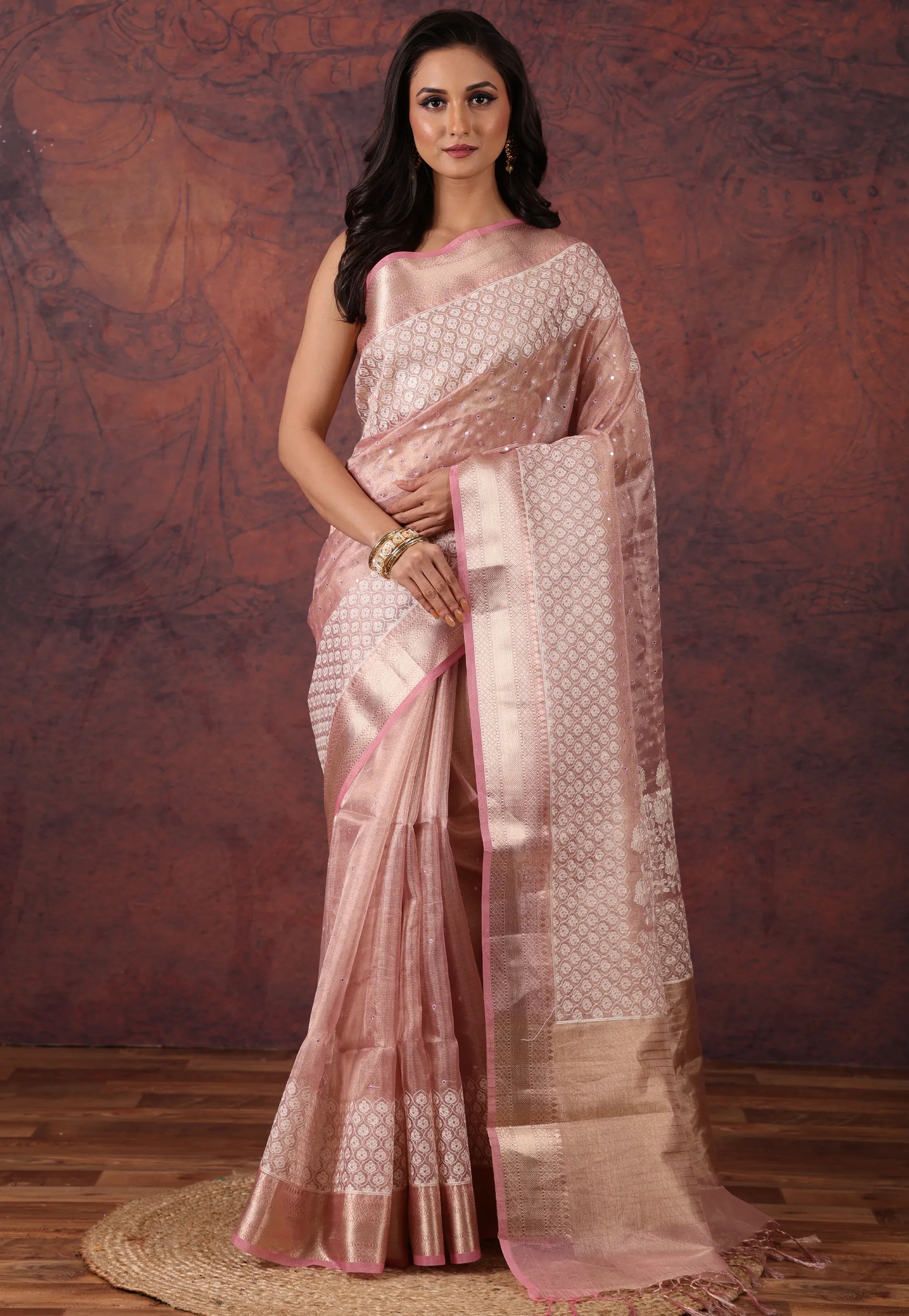 Pink Tissue Kantha Silk Saree With Blouse Piece - Adi Akshoy & Co.