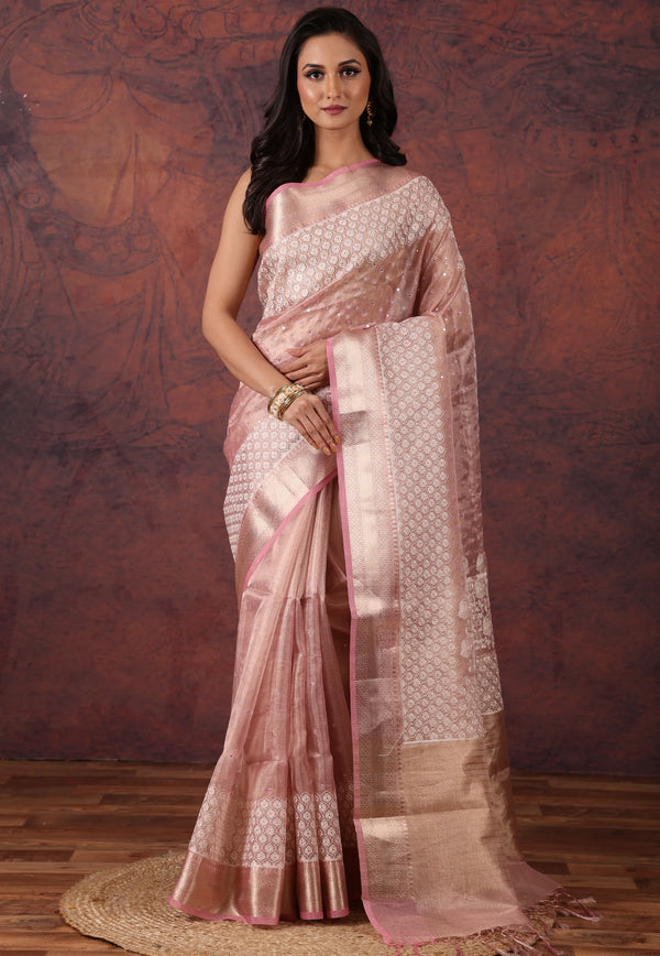 Pink Tissue Kantha Silk Saree With Blouse Piece - Adi Akshoy & Co.