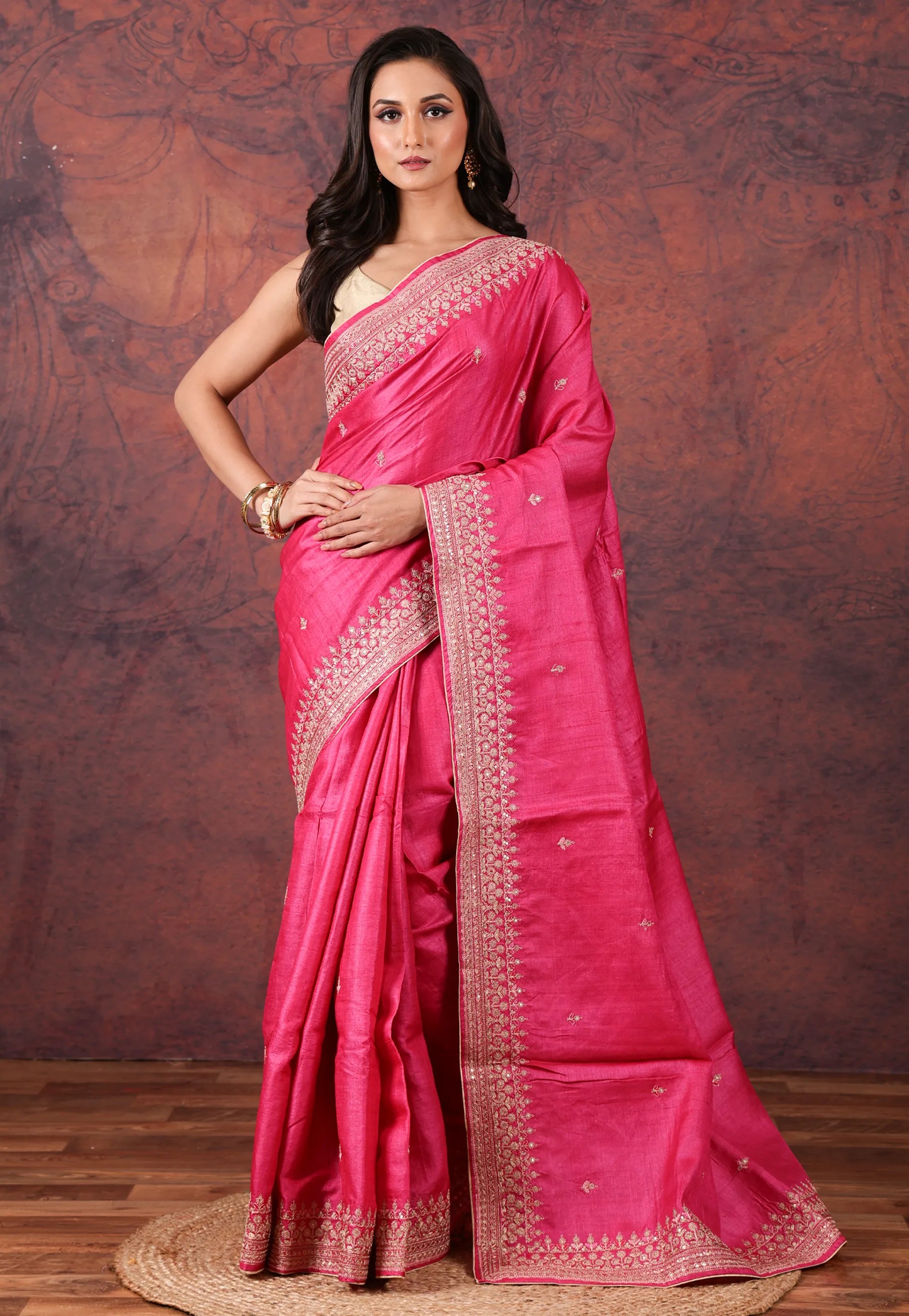 Rani Pink Pure Tussar Kantha Silk Saree With Blouse Piece - Adi Akshoy & Co.
