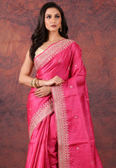 Rani Pink Pure Tussar Kantha Silk Saree With Blouse Piece - Adi Akshoy & Co.