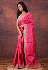 Rani Pink Pure Tussar Kantha Silk Saree With Blouse Piece - Adi Akshoy & Co.