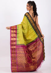 Pista Green with Magenta Border Pure Gadwal Silk Saree With Blouse Piece - Adi Akshoy & Co.